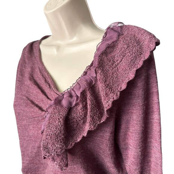 Knitted & Knotted Wool Ruffle Detail 3/4 Sleeve Sweater Top, Size S, Purple - Picture 4 of 13